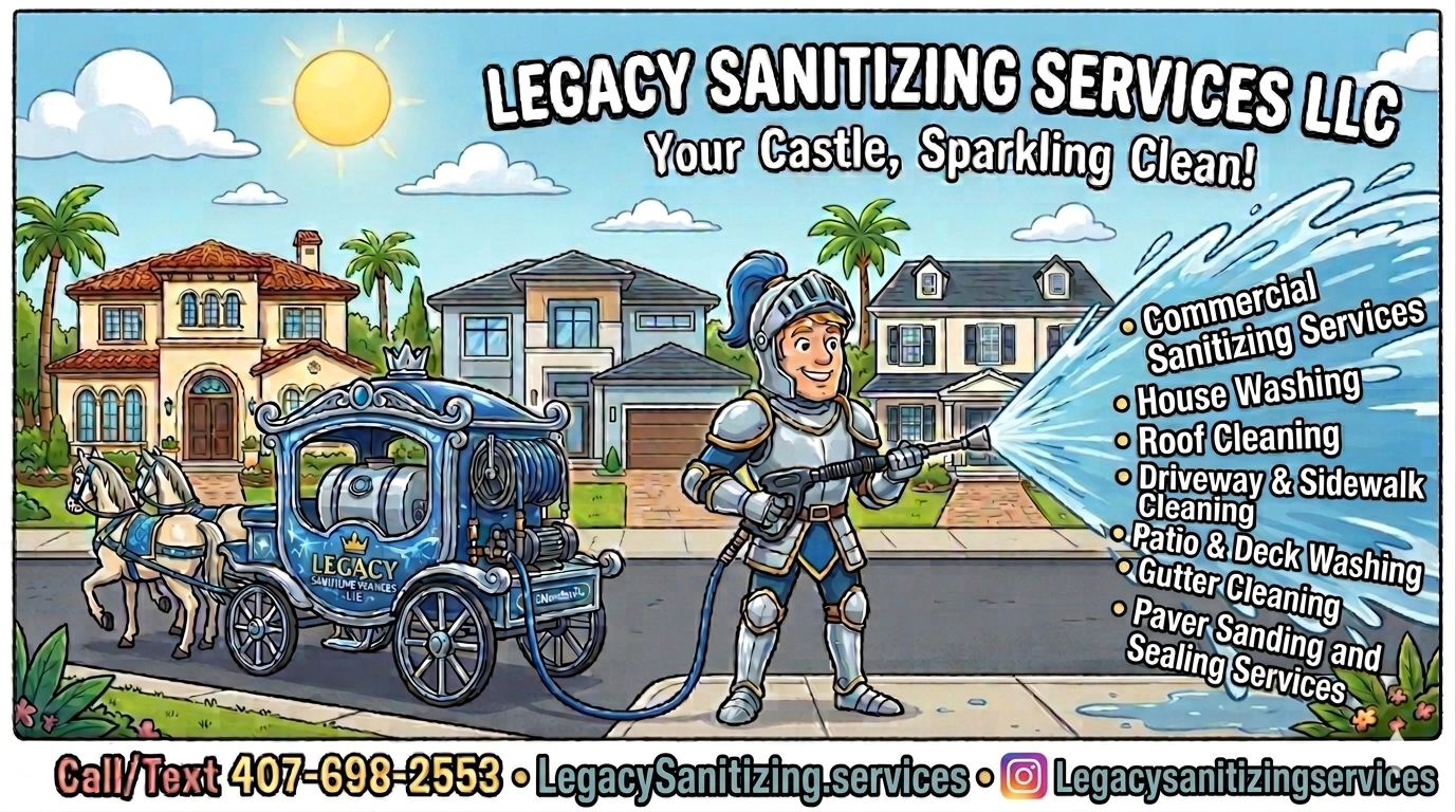 Legacy Sanitizing Services LLC — Your Castle, Sparkling Clean! Commercial Sanitizing, House Washing, Roof Cleaning, Driveway & Sidewalk Cleaning, Patio & Deck Washing, Gutter Cleaning, Paver Sanding and Sealing. Call/Text 407-698-2553
